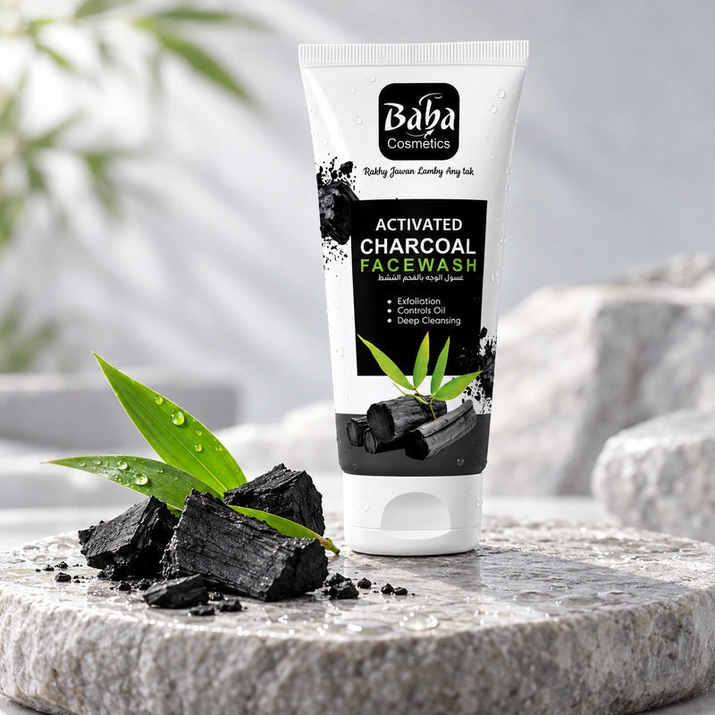 Baba Activated Charcoal Facewash on a spa pedestal