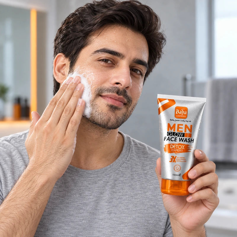 Man cleansing his cheek while holding Baba Men Glow Detox Expert Facewash