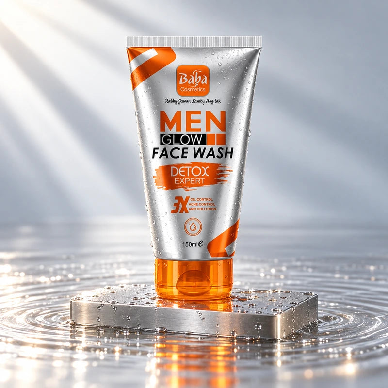 Baba Men Glow Detox Expert Facewash on a silver platform with water reflections