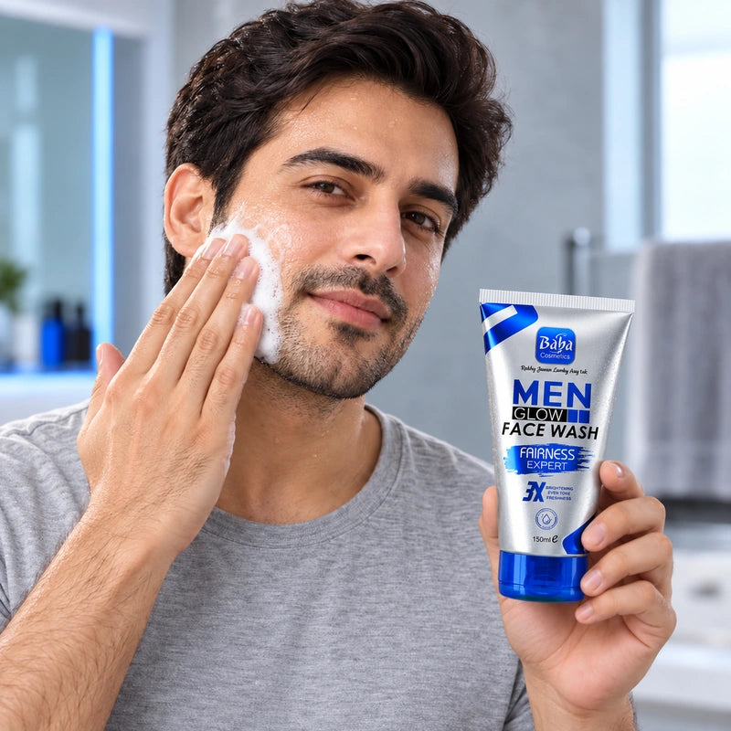 Man cleansing his cheek while holding Baba Men Glow Fairness Expert Facewash