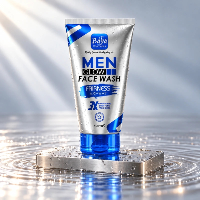 Baba Men Glow Fairness Expert Facewash on a silver platform with water reflections
