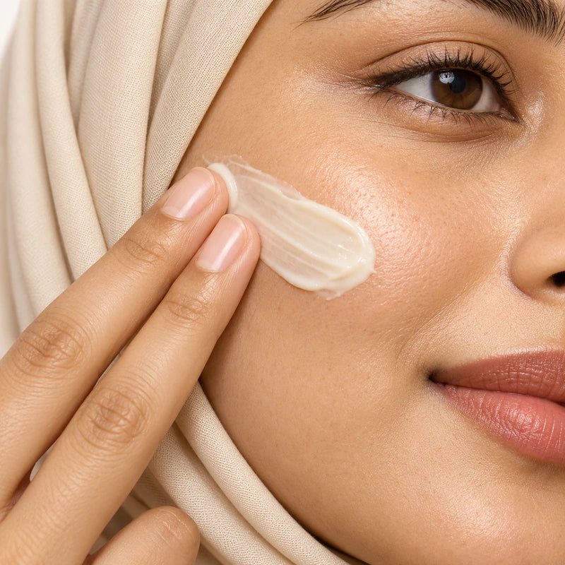Hijabi woman applying Rice and Coffee Urgent Facial cream to her cheek