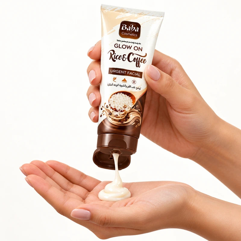 Baba Rice and Coffee Urgent Facial cream dispensing into a palm